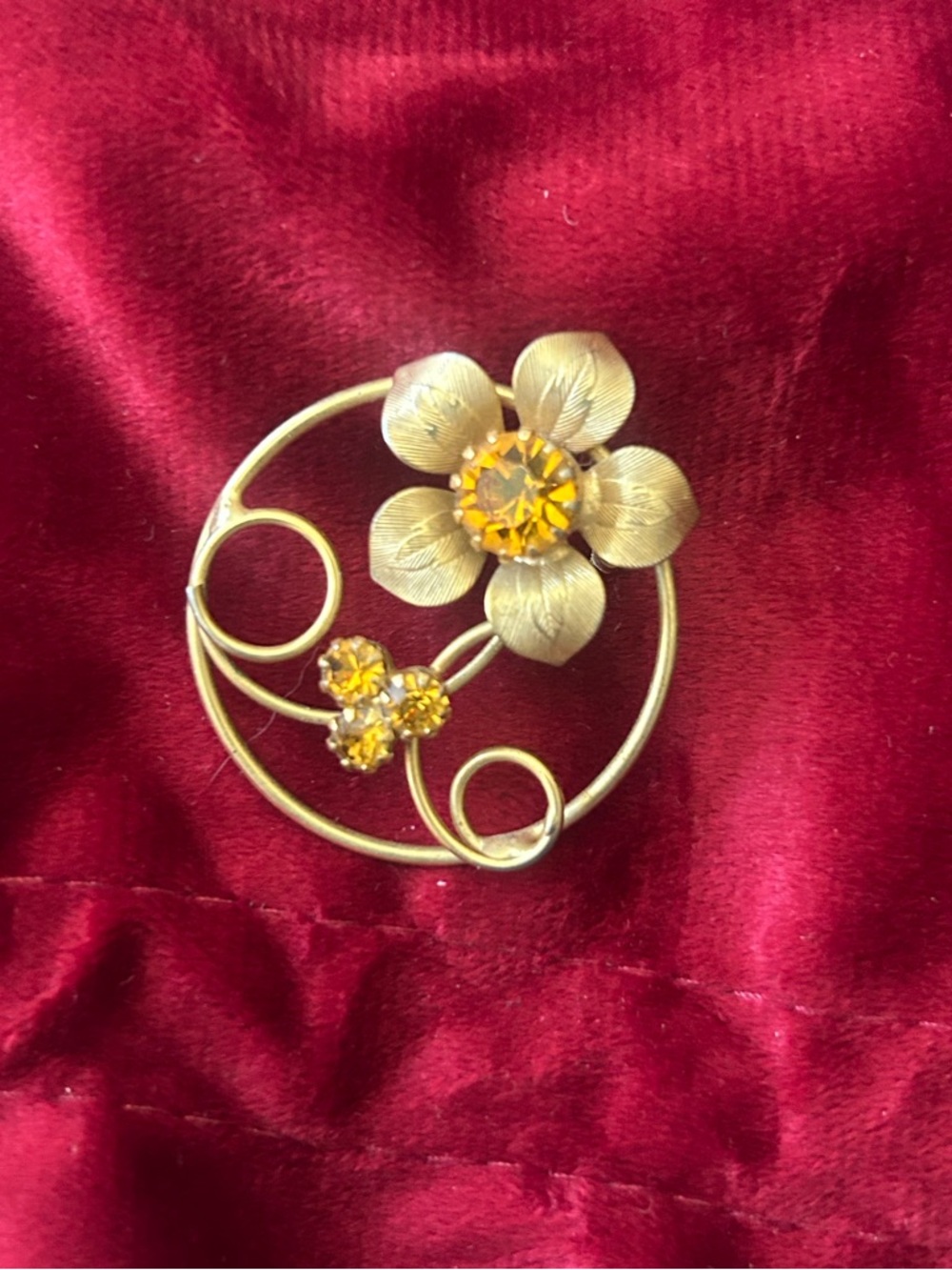 Vintage Gold Floral Crystal Brooch - Yellow Flower Pin